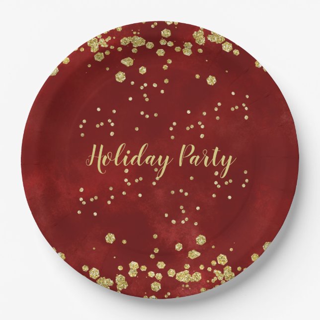Holiday Party, Red, White, Gold,  Paper Plates (Front)