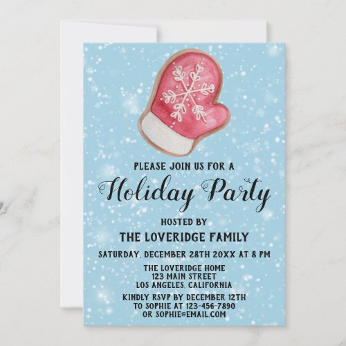 Holiday Party Red  White Mitten Cookie Blue Snow Invitation