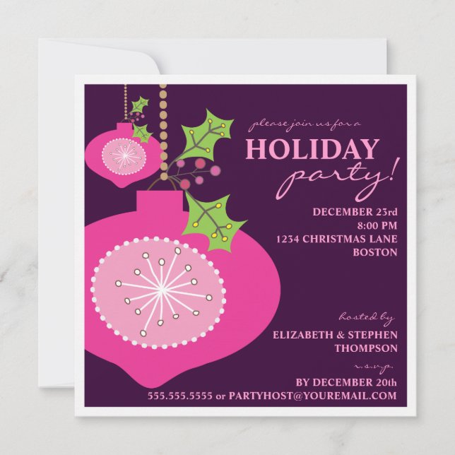 Holiday Party Retro Pink Ornament Invitation (Front)