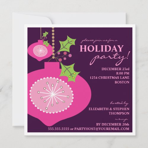 Holiday Party Retro Pink Ornament Invitation