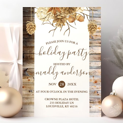 Holiday Party Rustic Country Wood Pine Cone Invitation