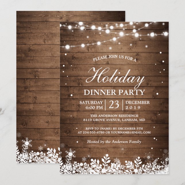 Holiday Party Rustic Wood String Lights Snowflakes Invitation (Front/Back)