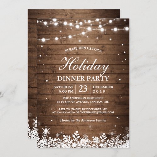 Holiday Party Rustic Wood String Lights Snowflakes Invitation