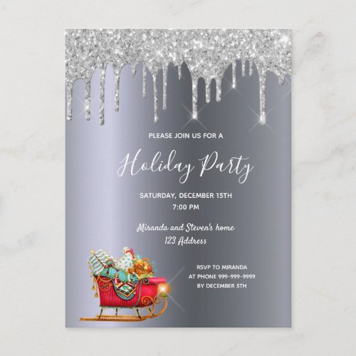 Holiday party silver glitter sleigh invitation postcard
