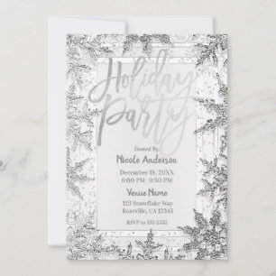 HOLIDAY PARTY Silver Snowflakes Modern Script Invitation