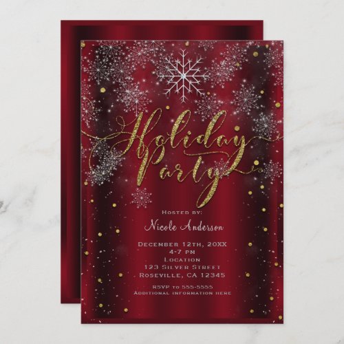 Holiday Party Snowflake Elegant Red Gold Modern Invitation