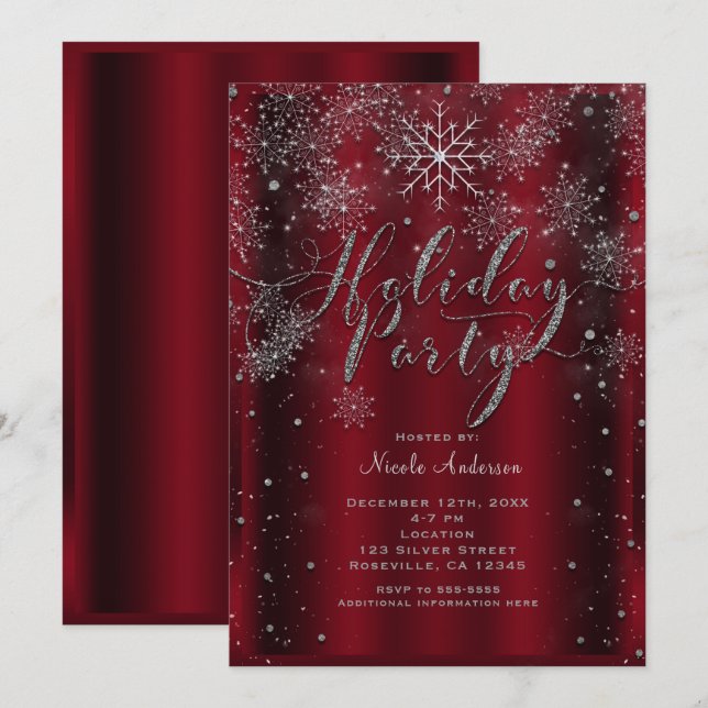 Holiday Party Snowflake Elegant Red Silver Modern Invitation (Front/Back)
