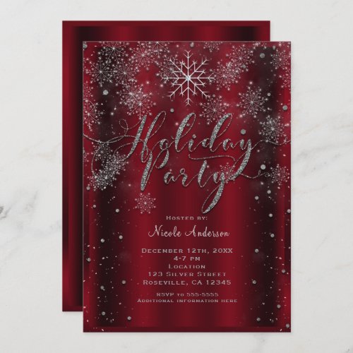 Holiday Party Snowflake Elegant Red Silver Modern Invitation