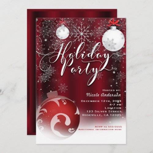 Holiday Party Snowflake Red Silver Ornaments Invitation