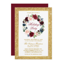 Holiday Party Watercolor Floral Gold Glitter Invitation