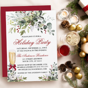 Holiday Party Watercolor Greenery Berries Glass Invitation