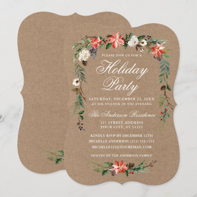 Holiday Party Watercolor Poinsettia Kraft Invitation (Front/Back)