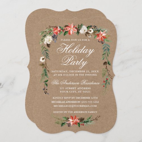 Holiday Party Watercolor Poinsettia Kraft Invitation