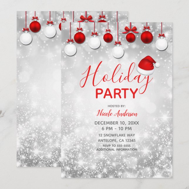 Holiday Party Winter Red White Sparkle Ornaments Invitation (Front/Back)