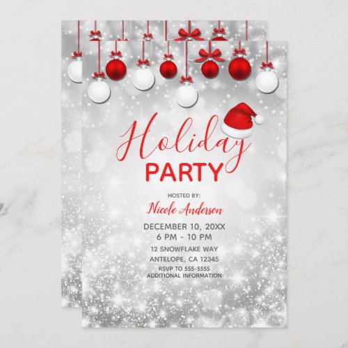 Holiday Party Winter Red White Sparkle Ornaments Invitation