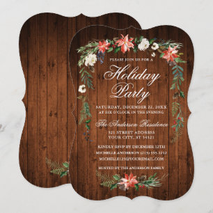 Holiday Party Wood Watercolor Poinsettia Invitation