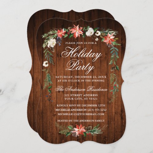 Holiday Party Wood Watercolor Poinsettia Invitation