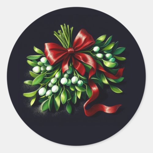 Holiday Pastel Drawing Mistletoe Ribbon Classic Round Sticker