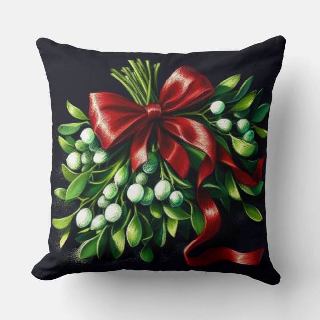 Holiday Pastel Drawing Mistletoe Ribbon Throw Pillow (Front)