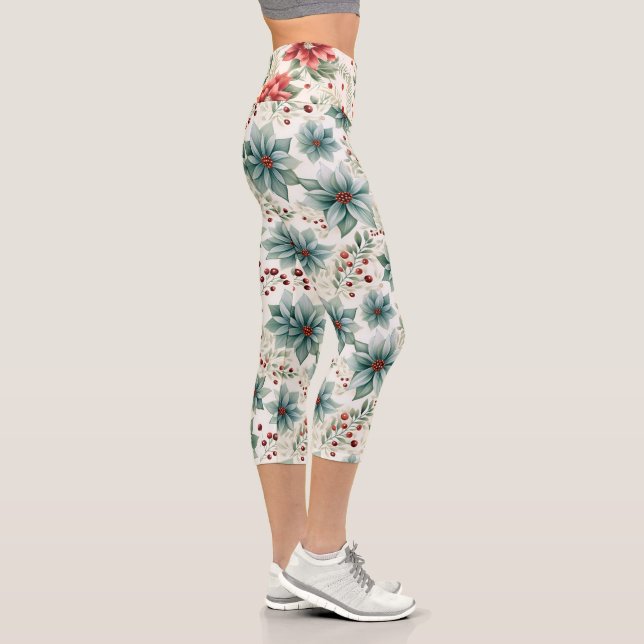 Holiday Patterned Poinsettia 2-Color High-Waisted Capri Leggings (Right)