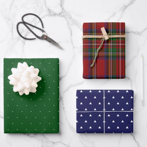 Holiday patterns shapes and plaid red blue green wrapping paper sheets