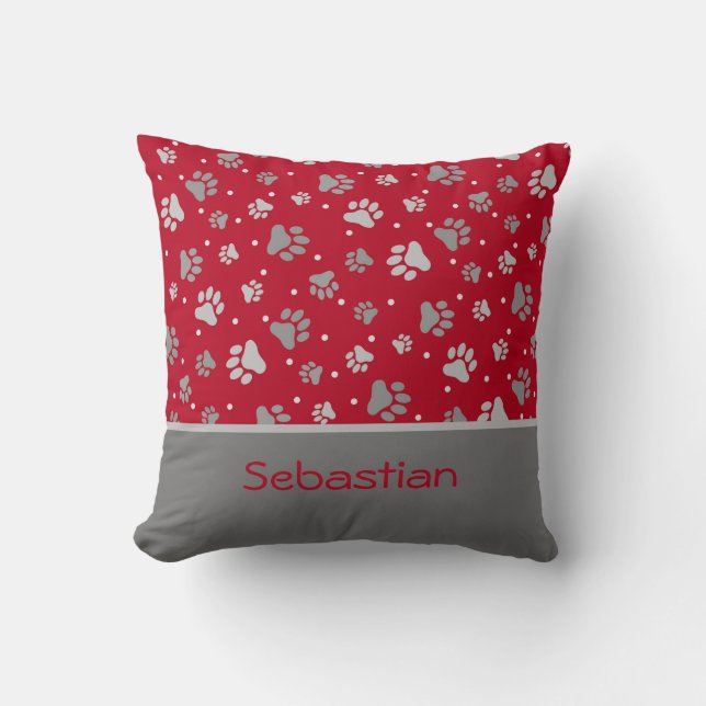 Holiday Paw Prints Red, Gray & Silver Personalized Throw Pillow (Front)