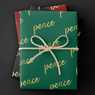 Holiday Peace   Faux Gold Foil Calligraphy Black Wrapping Paper Sheets