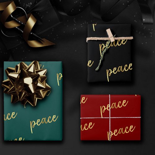 Holiday Peace  Faux Gold Foil Calligraphy Black Wrapping Paper Sheets