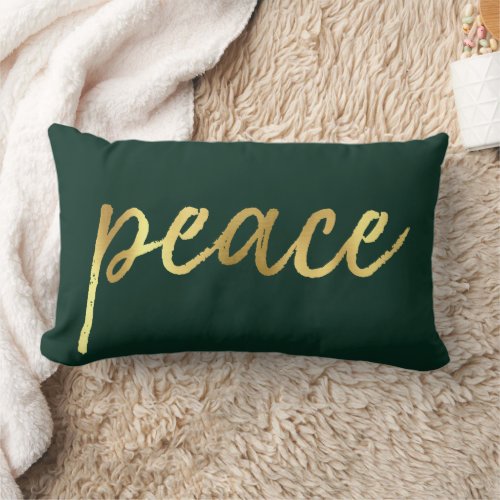 Holiday Peace  Faux Gold Foil Calligraphy Green Lumbar Pillow