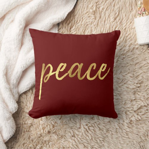 Holiday Peace  Faux Gold Foil Calligraphy Red Throw Pillow