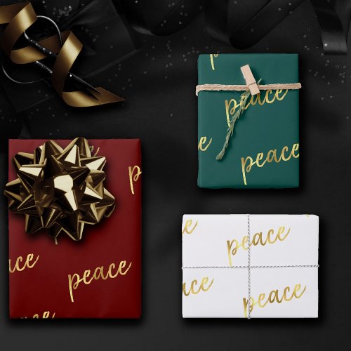 Holiday Peace  Faux Gold Foil Calligraphy White Wrapping Paper Sheets