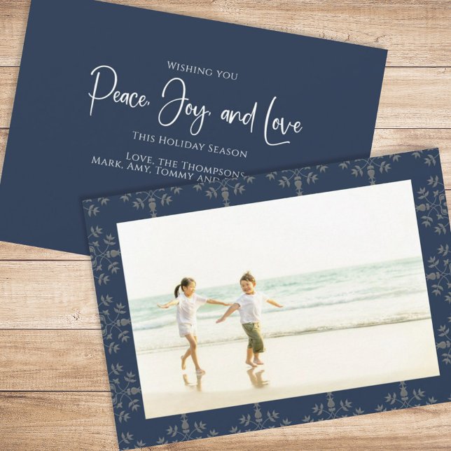 Holiday Peace Joy Love Elegant Snowflakes 1 Photo (Christmas holiday simple peace, joy, and love navy blue photo card. )