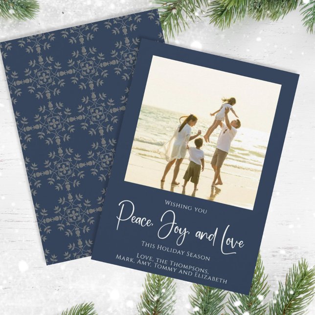 Holiday Peace Joy Love Elegant Snowflakes 1 Photo Card (Christmas holiday simple peace, joy, and love navy blue photo card. )