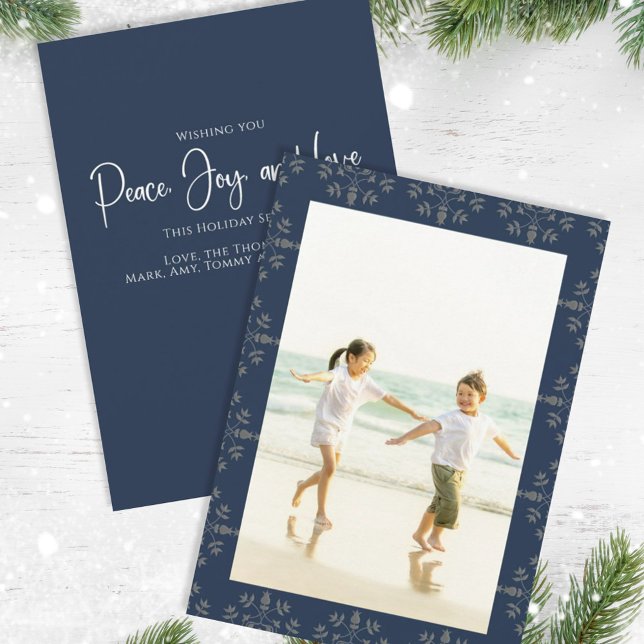 Holiday Peace Joy Love Elegant Snowflakes 1 Photo Card (Christmas holiday simple peace, joy, and love navy blue photo card. )