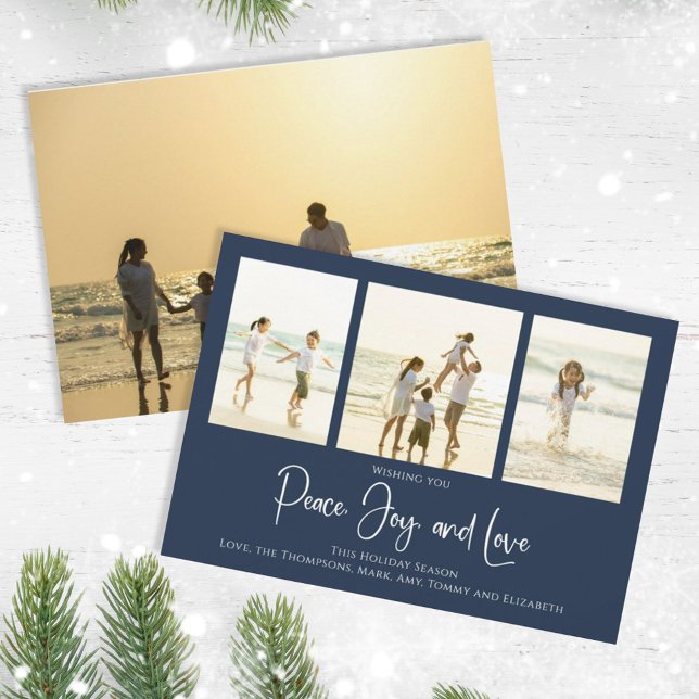 Holiday Peace Joy Love Elegant Snowflakes 4 Photo Card (Christmas holiday simple peace, joy, and love navy blue photo card. )