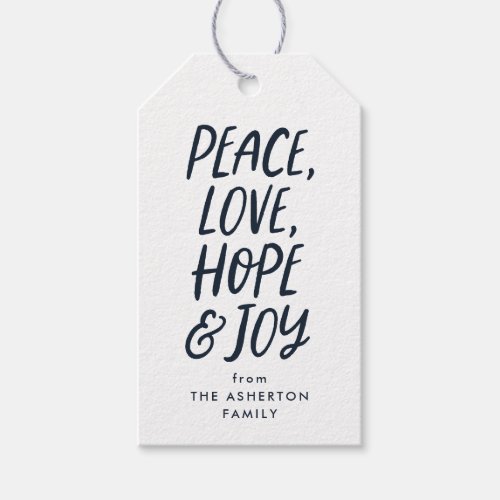 Holiday peace love hope joy navy blue Christmas Gift Tags