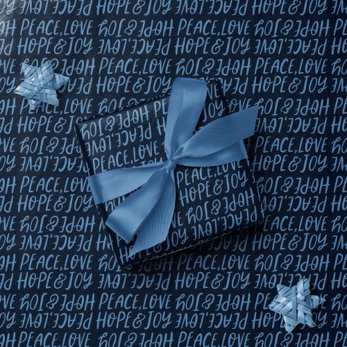 Holiday peace love hope joy navy blue Christmas Wrapping Paper