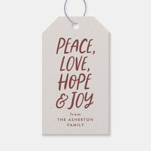 Holiday peace love hope joy red type Christmas Gift Tags