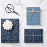 Holiday peace love hope joy type blue Christmas Wrapping Paper Sheets<br><div class="desc">A perfect message for the holiday season - peace, love, hope and joy. This simple but stylish set of holiday wrapping paper features words in a light blue handwritten font on a navy blue background. A coordinating sheet is light blue with matching navy dots and the third sheet has a...</div>
