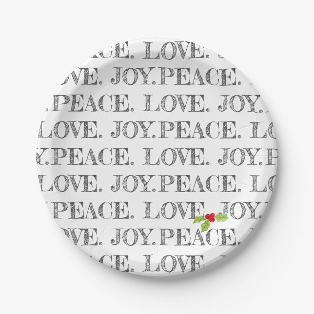 Holiday Peace Love Joy Christmas Holly Artisan Paper Plates (Front)