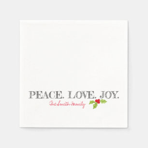 Holiday Peace Love Joy Family Name Text Holly Napkins