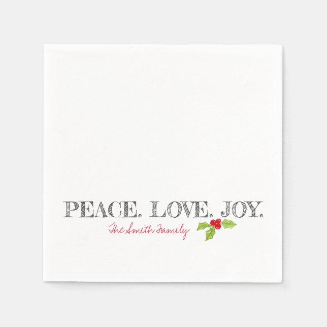 Holiday Peace Love Joy Family Name Text Holly Napkins (Front)