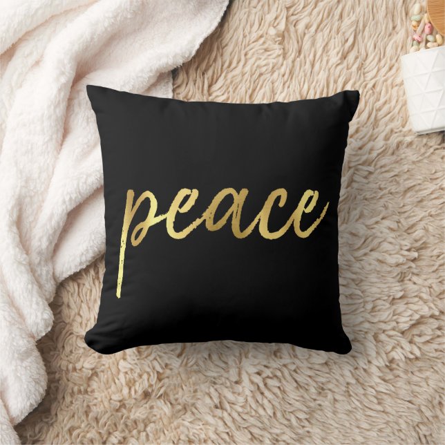 Holiday Peace | Modern Gold Casual Script on Black Throw Pillow (Blanket)