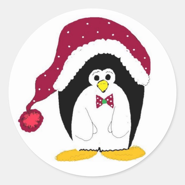 Holiday Penguin In Red Hat Classic Round Sticker (Front)
