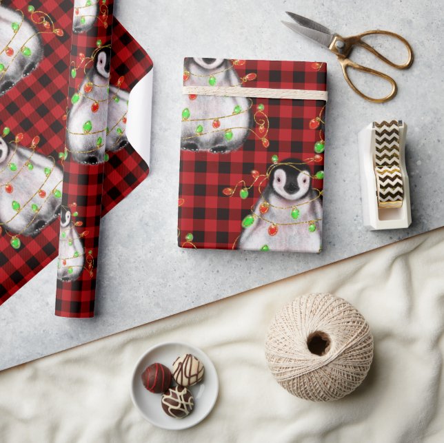 Holiday Penguin, plaid, twinkle red green lights Wrapping Paper (Crafts)