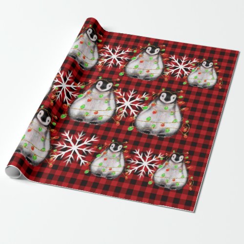 Holiday Penguin plaid twinkle red green lights Wrapping Paper