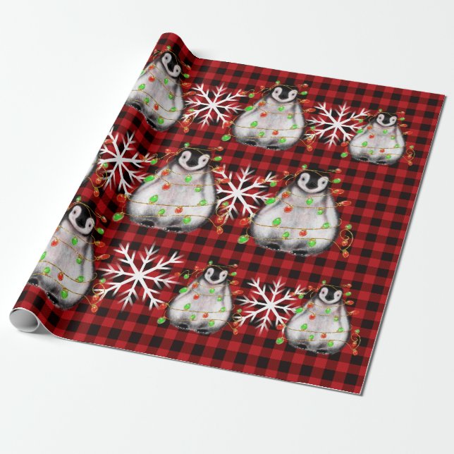Holiday Penguin, plaid, twinkle red green lights Wrapping Paper (Unrolled)