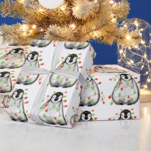 Holiday Penguin _ twinkle red and green lights Wra Wrapping Paper