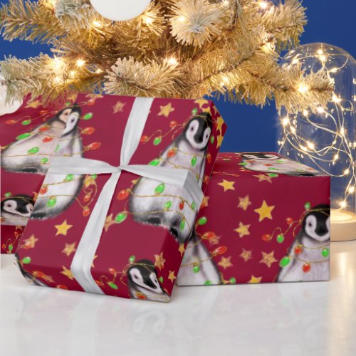 Holiday Penguin _ twinkle red and green lights Wra Wrapping Paper