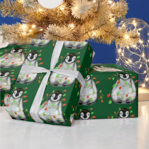 Holiday Penguin _ twinkle red and green lights Wrapping Paper